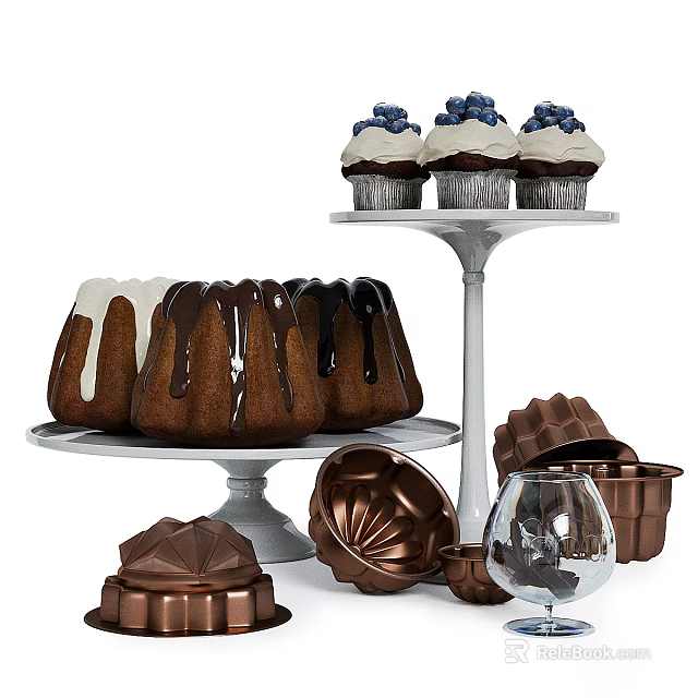 Chocolate Glazed Bundt Cakes and Blueberry Cupcakes on Cake Stands with Baking Molds 3d model 