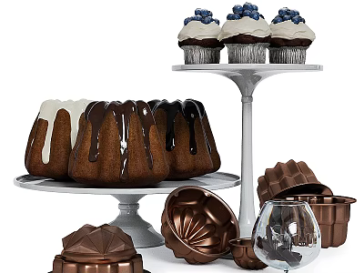 Chocolate Glazed Bundt Cakes and Blueberry Cupcakes on Cake Stands with Baking Molds 3d model