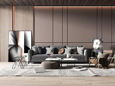 Modern Sofa and Coffee Table Set with Patterned Cushions and Living Room Decor 3d model