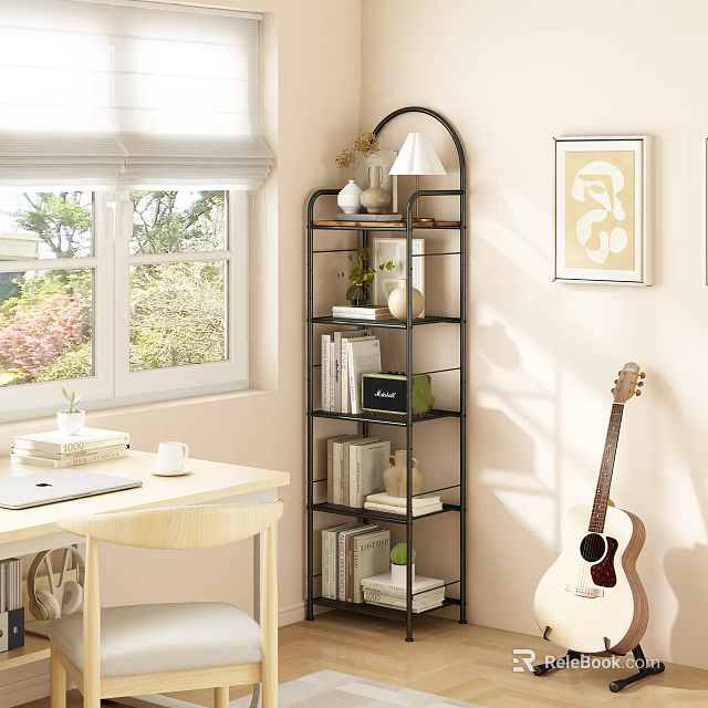 Black Metal Multi Tiered Shelving Unit with Books Green Plant and Decorative Items in Bright Home Room 3d model 