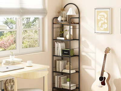 Black Metal Multi Tiered Shelving Unit with Books Green Plant and Decorative Items in Bright Home Room 3d model