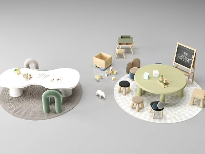 Kids Table With Matching Stools Toys Chalkboard And Playroom Rug 3d model