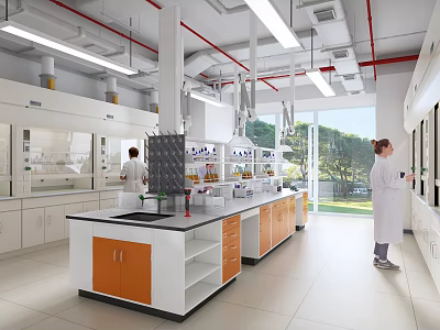 Modern Laboratory Interior With Lab Benches Cabinets Scientific Instruments And Researchers 3d model