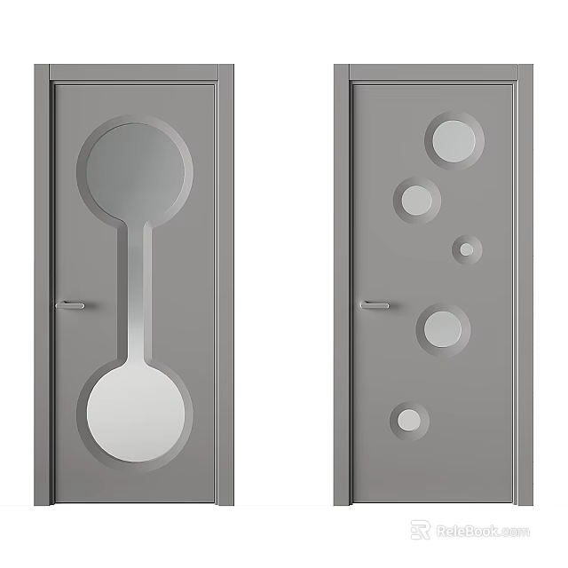 Modern Gray Swing Doors With Circular Glass Cutouts And Decorative Design 3d model 