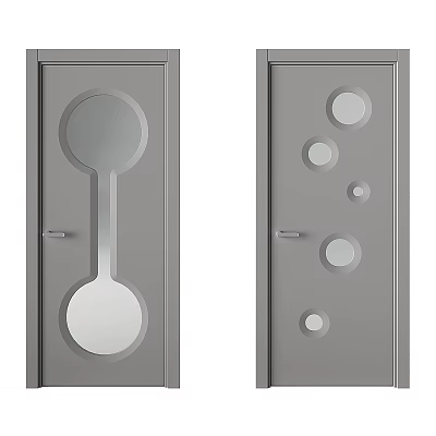 Modern Gray Swing Doors With Circular Glass Cutouts And Decorative Design 3d model