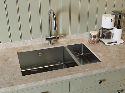 Stainless Steel Double Sink And Faucet On Marble Countertop With Coffee Maker And Cabinets 3d model