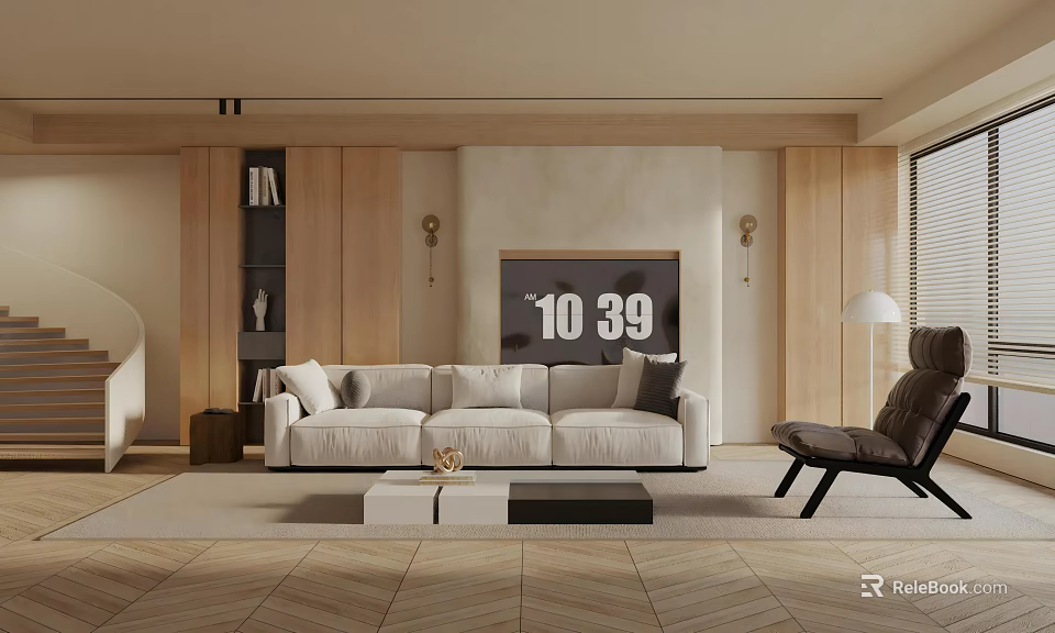 Modern Living Room Interior With Beige Sofa Wooden Panels TV And Dark Accent Chair 3d model 