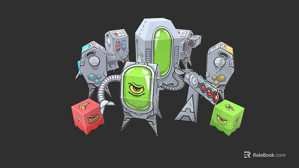 Mechanical Green Doll With Red And Green Cubes And Control Panels 3d model 