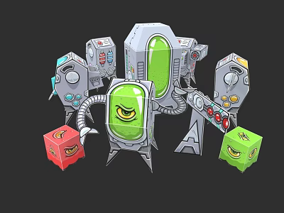 Mechanical Green Doll With Red And Green Cubes And Control Panels 3d model