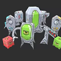 Mechanical Green Doll With Red And Green Cubes And Control Panels