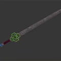 Ancient Style Decorative Sword With Carved Metal Blade And Green Gemstone Hilt