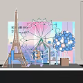 Window Display Decoration With Eiffel Tower Model Ferris Wheel Shopping Cart And Balloon Cluster