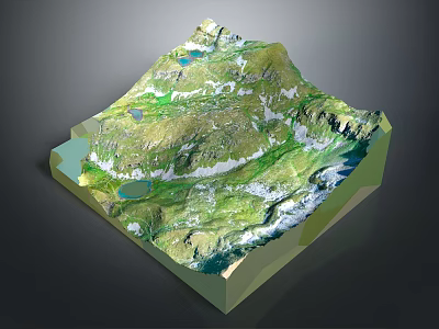 3D Mountainous Terrain Model With Green Vegetation Snowy Peaks And Lakes 3d model