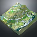 3D Mountainous Terrain Model With Green Vegetation Snowy Peaks And Lakes
