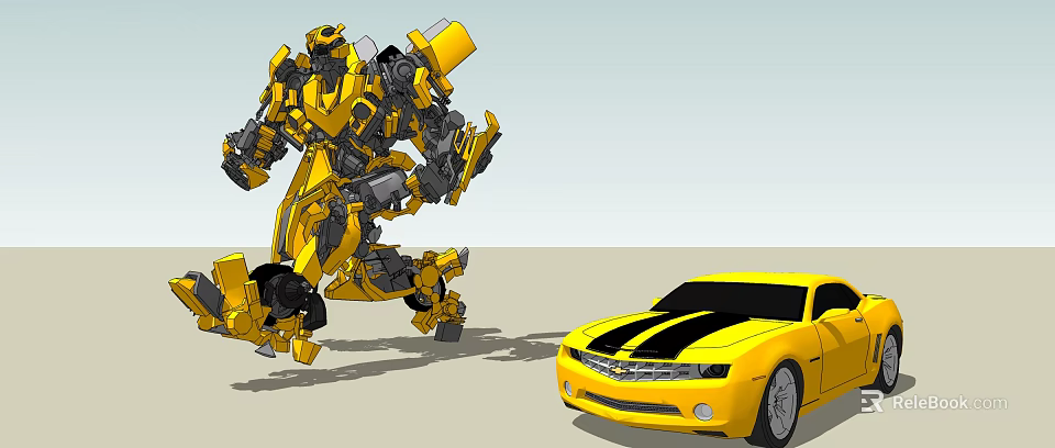 Yellow Robot In Action Pose And Yellow Car With Black Stripes 3d model 