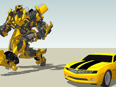 Yellow Robot In Action Pose And Yellow Car With Black Stripes 3d model