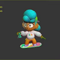 Game And Movie Character Blue Hair Rainbow Shirt Standing On Colorful Skateboard Holding Green Item