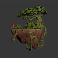 Cartoon Scene of Floating Island with Large Tree Small Pond Red Mushrooms Green Grass Vines