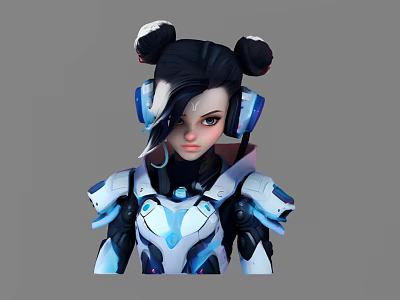 Game Movie Character With Double Buns Hairstyle Headphones And Futuristic Glowing Blue White Tech Armor 3d model