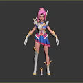 Pink Haired Elf Game Movie Character With Blue Pink Skirt White Gloves And Boots