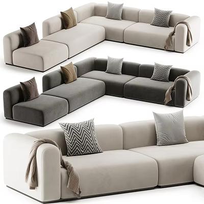Modern Sectional Sofa In Gray And Beige With Decorative Pillows And Throw Blanket 3d model