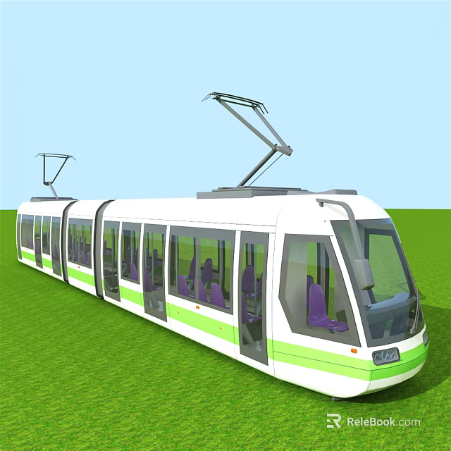 White and Green Tram With Multiple Windows And Pantograph On Green Grass Field 3d model 