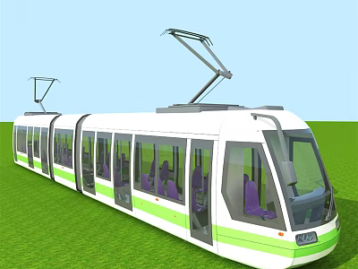 White and Green Tram With Multiple Windows And Pantograph On Green Grass Field 3d model