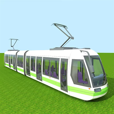 White and Green Tram With Multiple Windows And Pantograph On Green Grass Field 3d model
