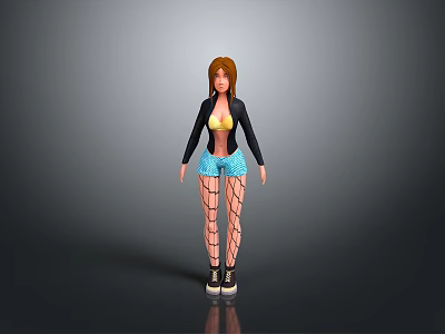 Women's Casual Fashion Outfit With Yellow Top Black Jacket Blue Shorts Fishnet Stockings And Shoes 3d model