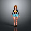 Women's Casual Fashion Outfit With Yellow Top Black Jacket Blue Shorts Fishnet Stockings And Shoes