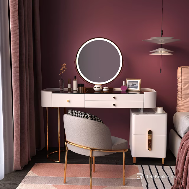 Modern White Dressing Table With Round Mirror Gold Legs And Decor Items On Burgundy Wall 3d model 