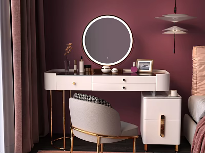 Modern White Dressing Table With Round Mirror Gold Legs And Decor Items On Burgundy Wall 3d model