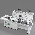 Modern White Cashier Counter Design With Multiple Screens And Scanner Workstations 3d model