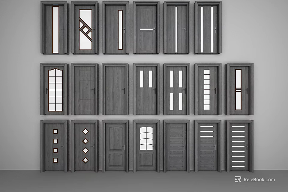 Gray Hinged Doors Interior Design With Various Patterns And Glass Panels 3d model 