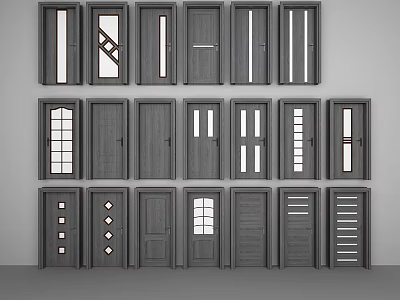 Gray Hinged Doors Interior Design With Various Patterns And Glass Panels 3d model