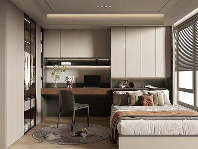 Modern Tatami Bedroom Interior With Tatami Bed Desk Chair Cabinets And Window 3d model