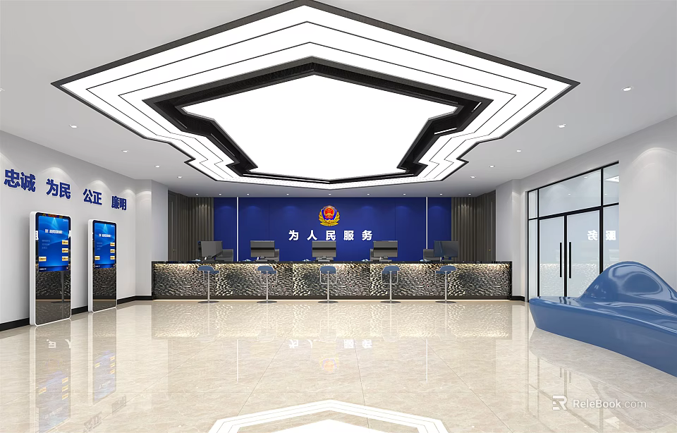 Modern Community Office Service Hall Interior With Blue Backdrop Wall And Reception Desk 3d model 