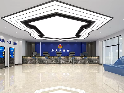 Modern Community Office Service Hall Interior With Blue Backdrop Wall And Reception Desk 3d model