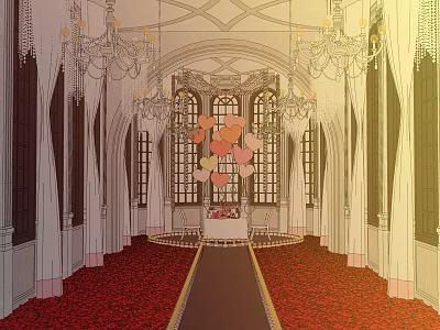 Elegant Banquet Hall With Chandeliers Large Windows Red Carpet Central Table And Heart Decorations 3d model