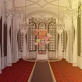 Elegant Banquet Hall With Chandeliers Large Windows Red Carpet Central Table And Heart Decorations