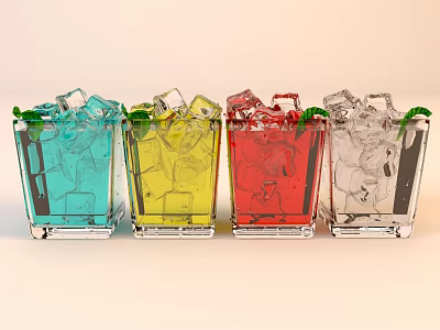 Transparent Glasses Filled With Ice Cubes And Colored Liquids And Green Garnish 3d model