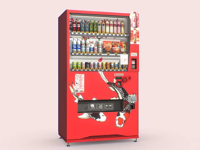 Red Commercial Vending Machine With Koi Fish Design And Various Drinks Snacks Inside 3d model