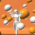 Inflatable Female Figure With Orange And White Spheres Against Orange Background