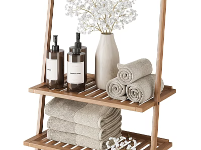 Wooden Bath Rack with Rolled Towels Stacked Towels Wash Products and White Flowers 3d model