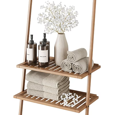 Wooden Bath Rack with Rolled Towels Stacked Towels Wash Products and White Flowers 3d model