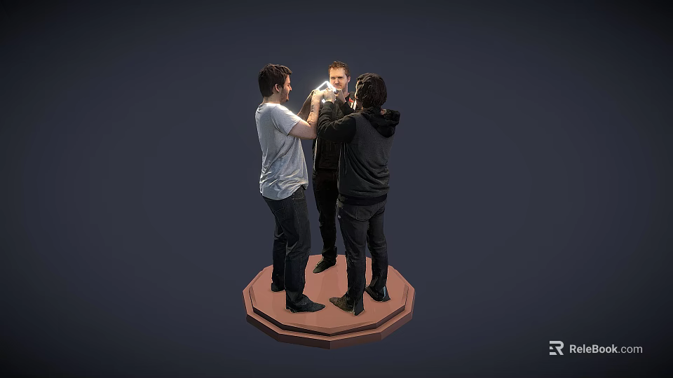 Three People Standing On Hexagonal Platform Interacting With Glowing Object 3d model 
