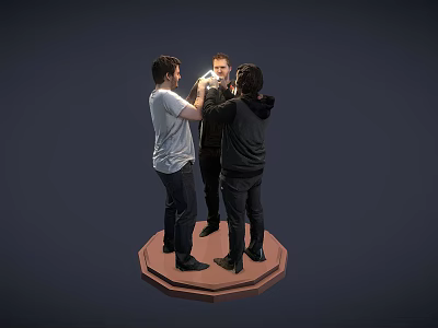 Three People Standing On Hexagonal Platform Interacting With Glowing Object 3d model