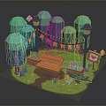 Vibrant Garden Scene With Green Trees Bench Lanterns Bunting Flags And Flower Beds