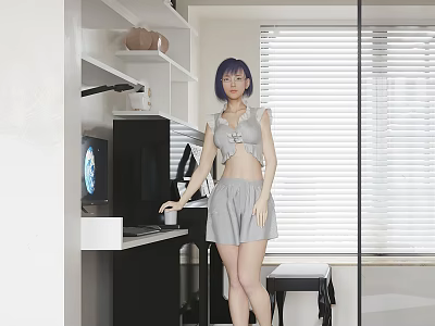 Woman With Purple Hair In Gray Outfit Standing By Computer And Bookshelf Near Window Blinds 3d model