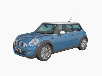 Blue Mini Cooper Hatchback With White Roof Silver Wheels And Antenna 3d model